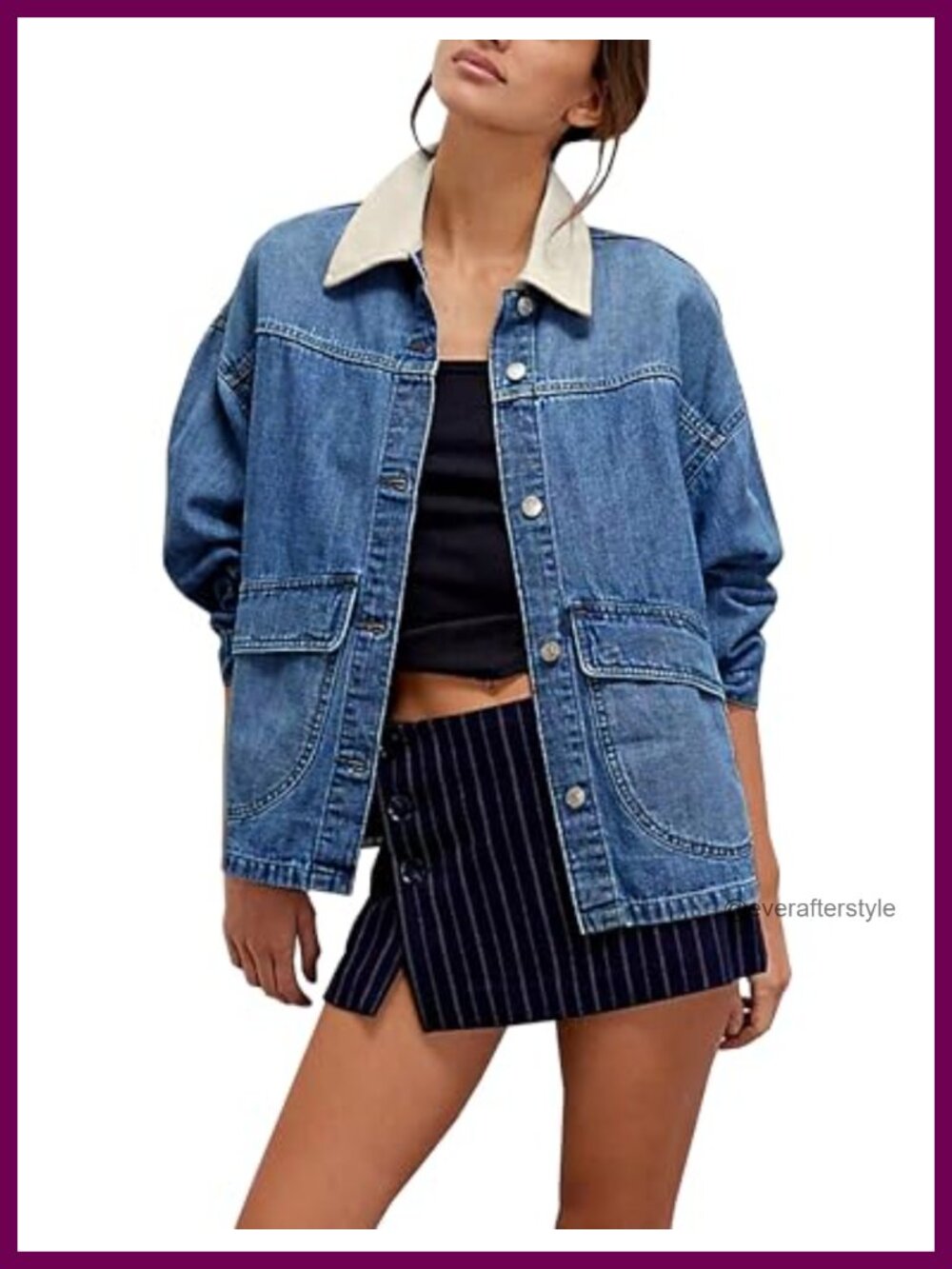 Oversized Denim Jacket Button Down Contrast Trim Lightweight Women's